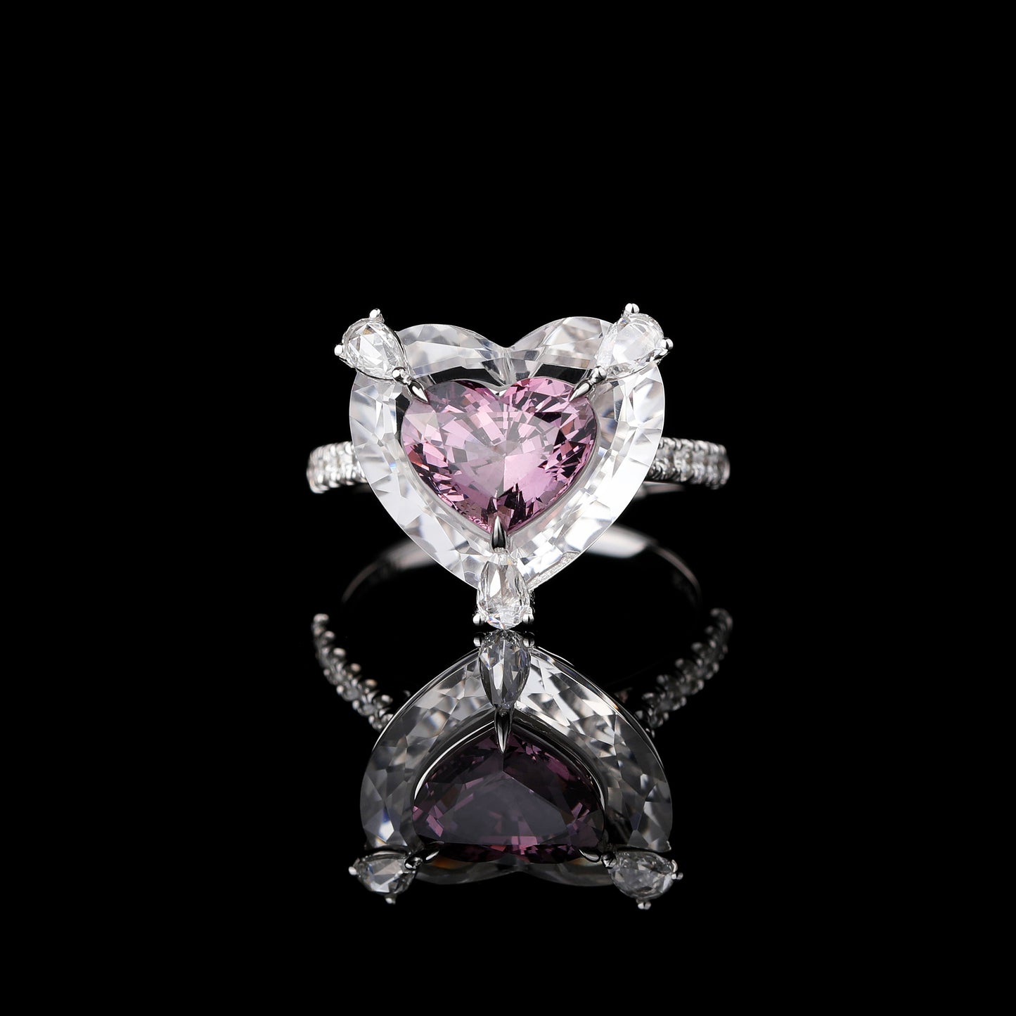 Heart-cut Purplish Pink Spinel and White Crystal Diamond Ring in 18K White Gold