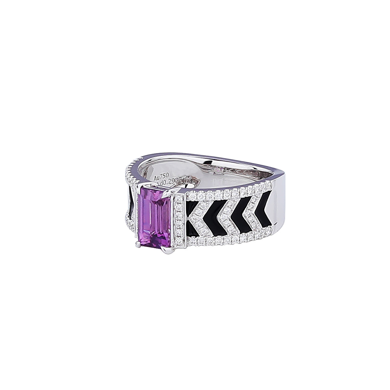 Natural Pink Sapphire and Black Enamel Diamond Ring in 18K White Gold