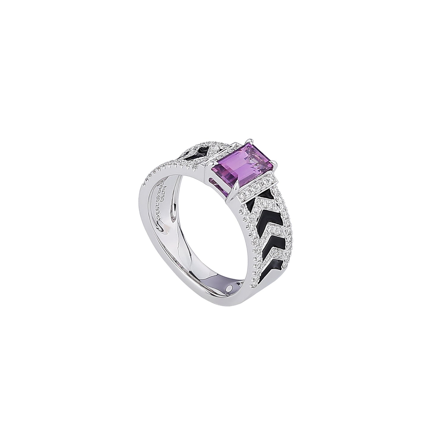 Natural Pink Sapphire and Black Enamel Diamond Ring in 18K White Gold