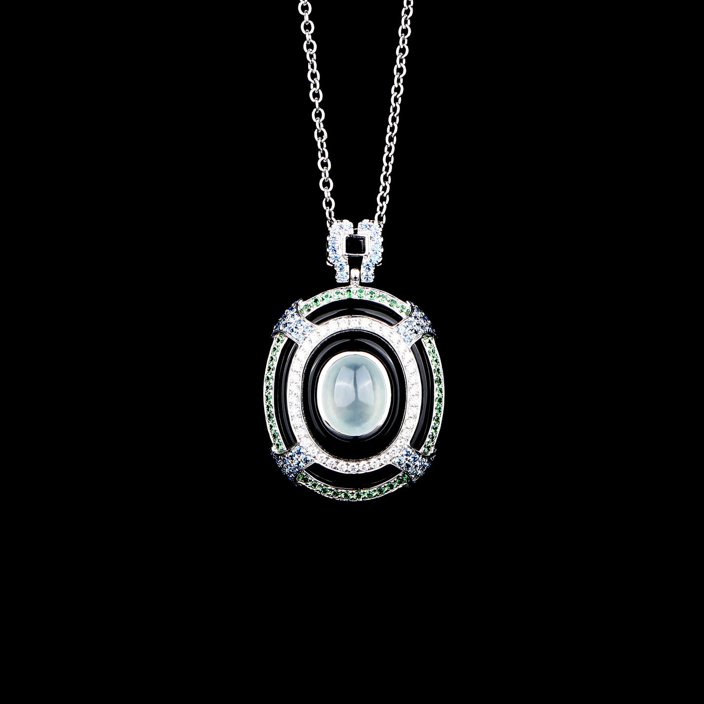 Natural Semitransparent Ice Jadeite Jade Black Agate Diamond Necklace in 18K White Gold
