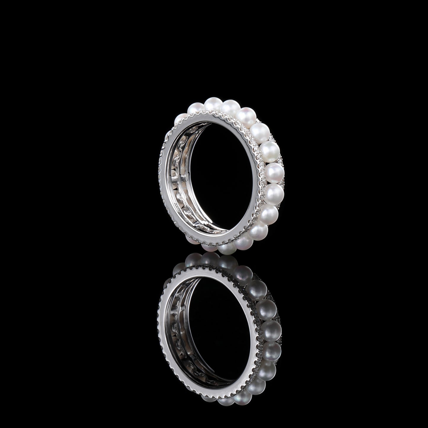 2-3mm Akoya Cultured Pearls Eternity Diamond Ring in 18K White Gold
