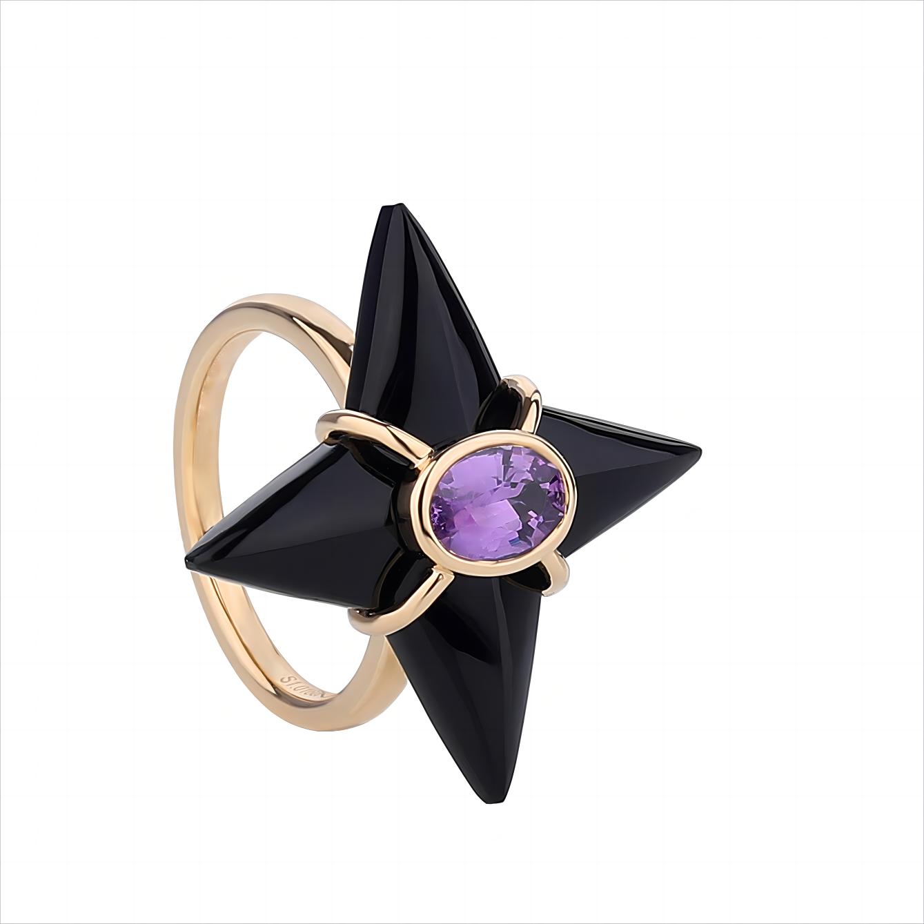 Natural Unheated Pink Sapphire Black Agate Four-pointed Star Ring in 18K Yellow Gold