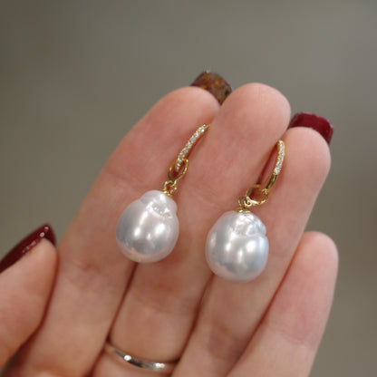 White South Sea Baroque Pearl Diamond Earrings in 18K Yellow Gold