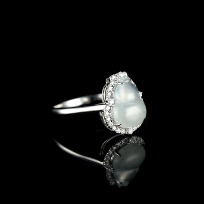 Natural Semitransparent Ice 'Hulu' Jadeite Jade Diamond Ring in 18K White Gold