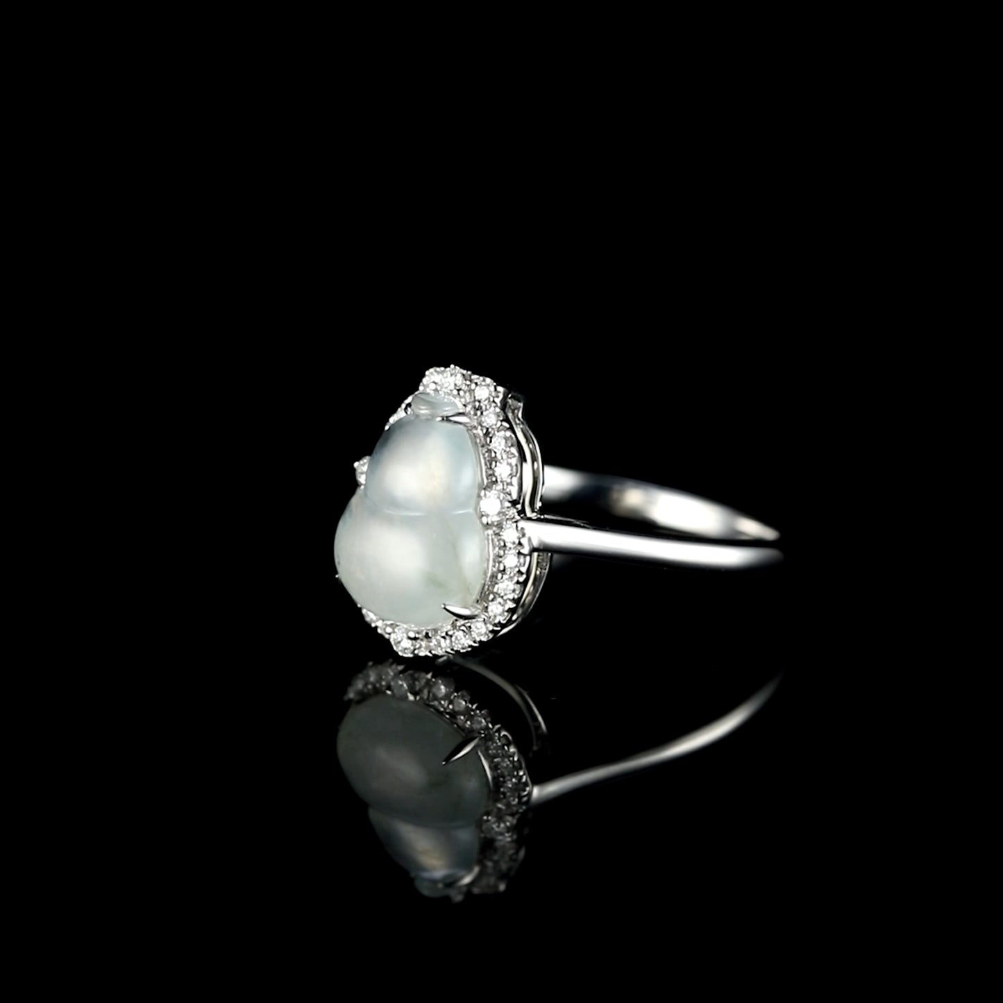 Natural Semitransparent Ice 'Hulu' Jadeite Jade Diamond Ring in 18K White Gold