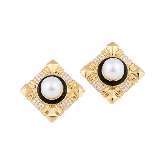 7.5-8mm Akoya Cultured Pearl Black Agate Diamond Earrings in 18K Yellow Gold