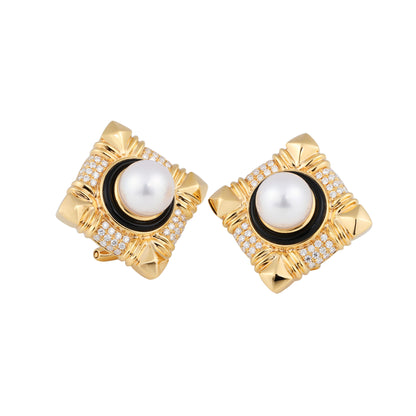 7.5-8mm Akoya Cultured Pearl Black Agate Diamond Earrings in 18K Yellow Gold