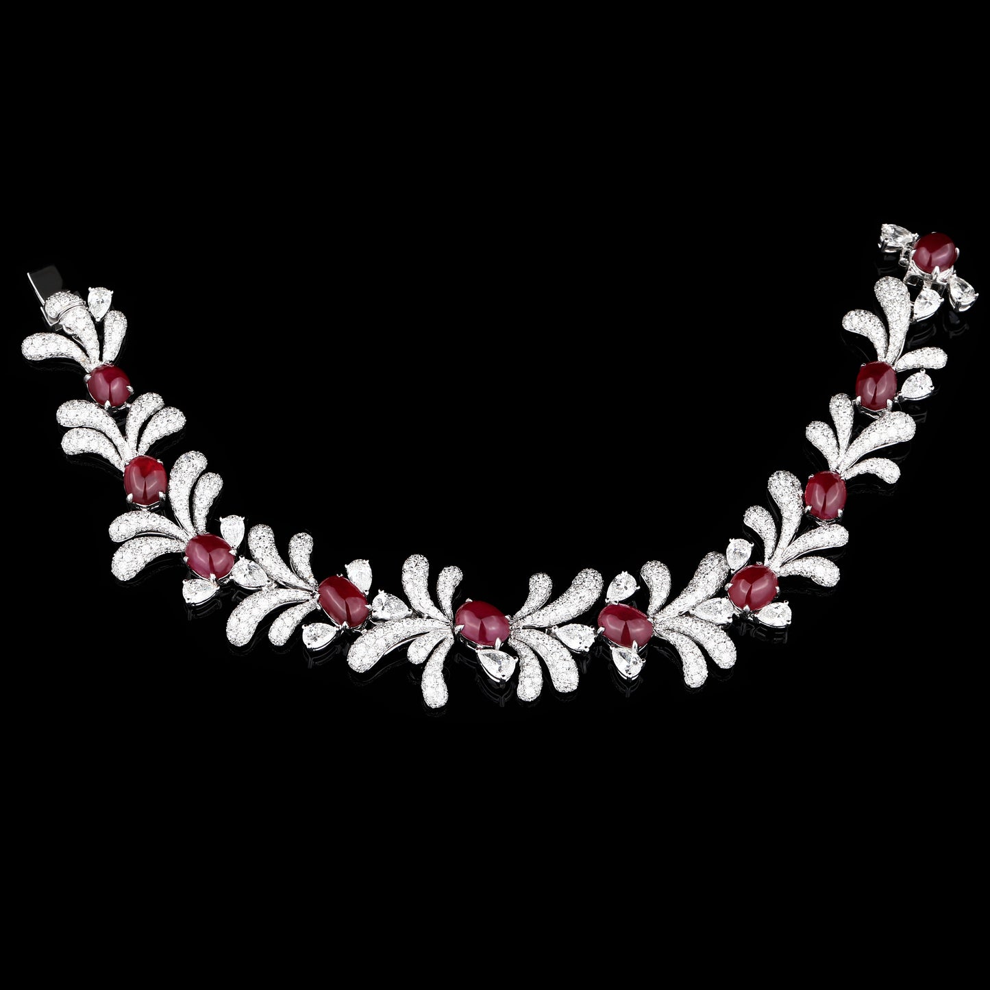 Natural Cabochon Heated Ruby Diamond Bracelet in 18K White Gold