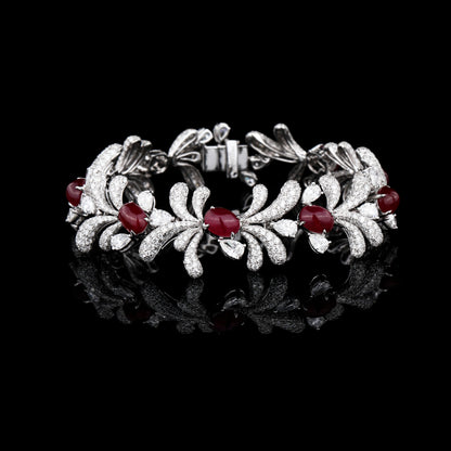 Natural Cabochon Heated Ruby Diamond Bracelet in 18K White Gold