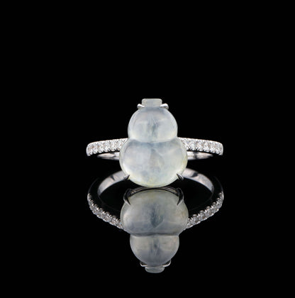 Natural Semitransparent Ice 'Hulu' Jadeite Jade Diamond Ring in 18K White Gold