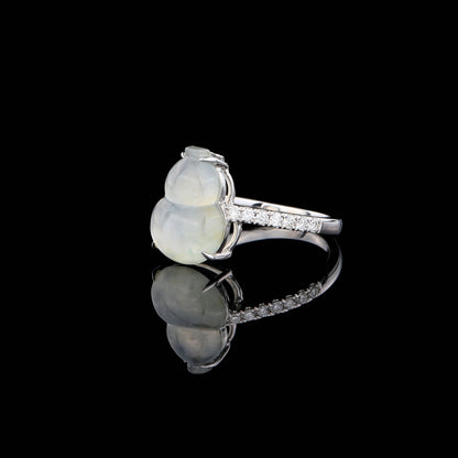 Natural Semitransparent Ice 'Hulu' Jadeite Jade Diamond Ring in 18K White Gold