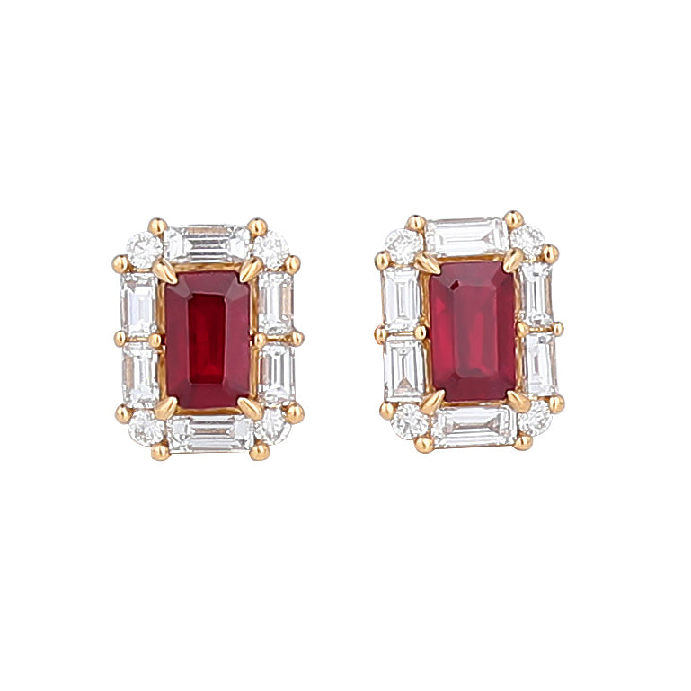 Natural Pigeon Blood Ruby Diamond Earrings in 18K Yellow Gold