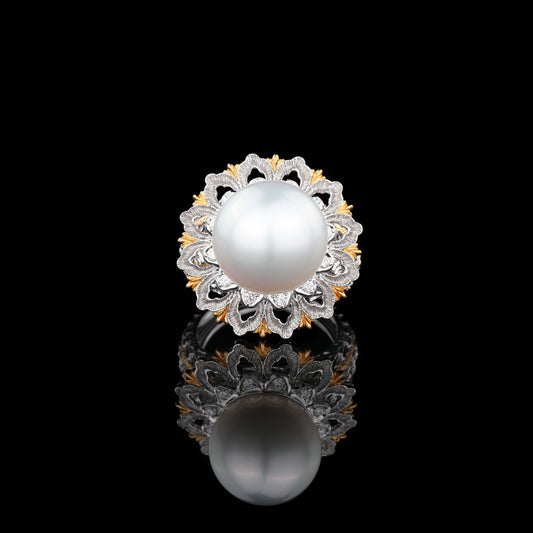 White South Sea Cultured Pearl Diamond Ring in 18K White and Yellow Gold