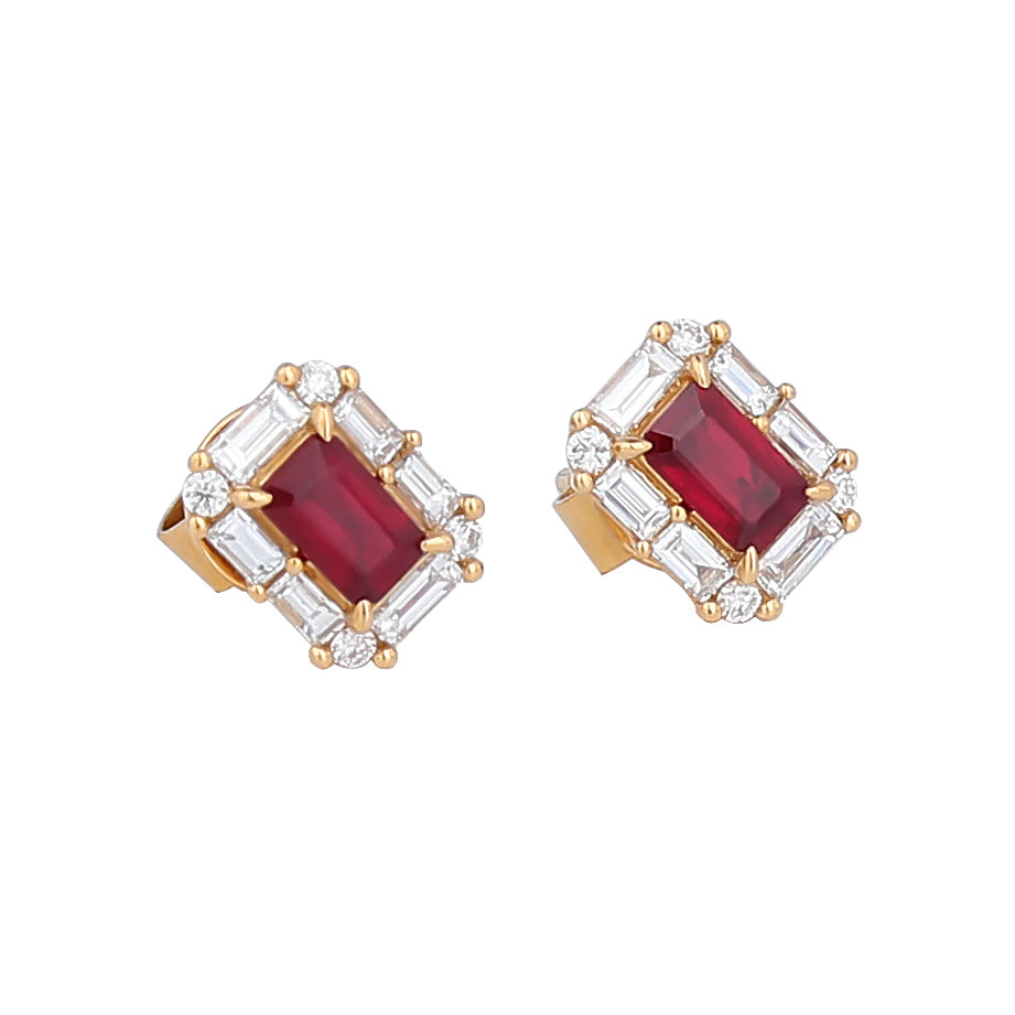 Natural Pigeon Blood Ruby Diamond Earrings in 18K Yellow Gold