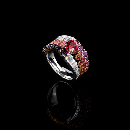 Natural Pigeon Blood Ruby & Colorful Gems Diamond Ring in 18K Yellow and White Gold