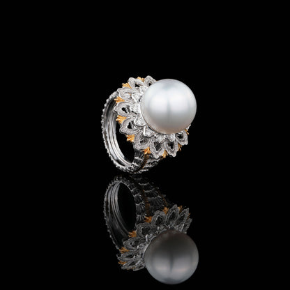 White South Sea Cultured Pearl Diamond Ring in 18K White and Yellow Gold