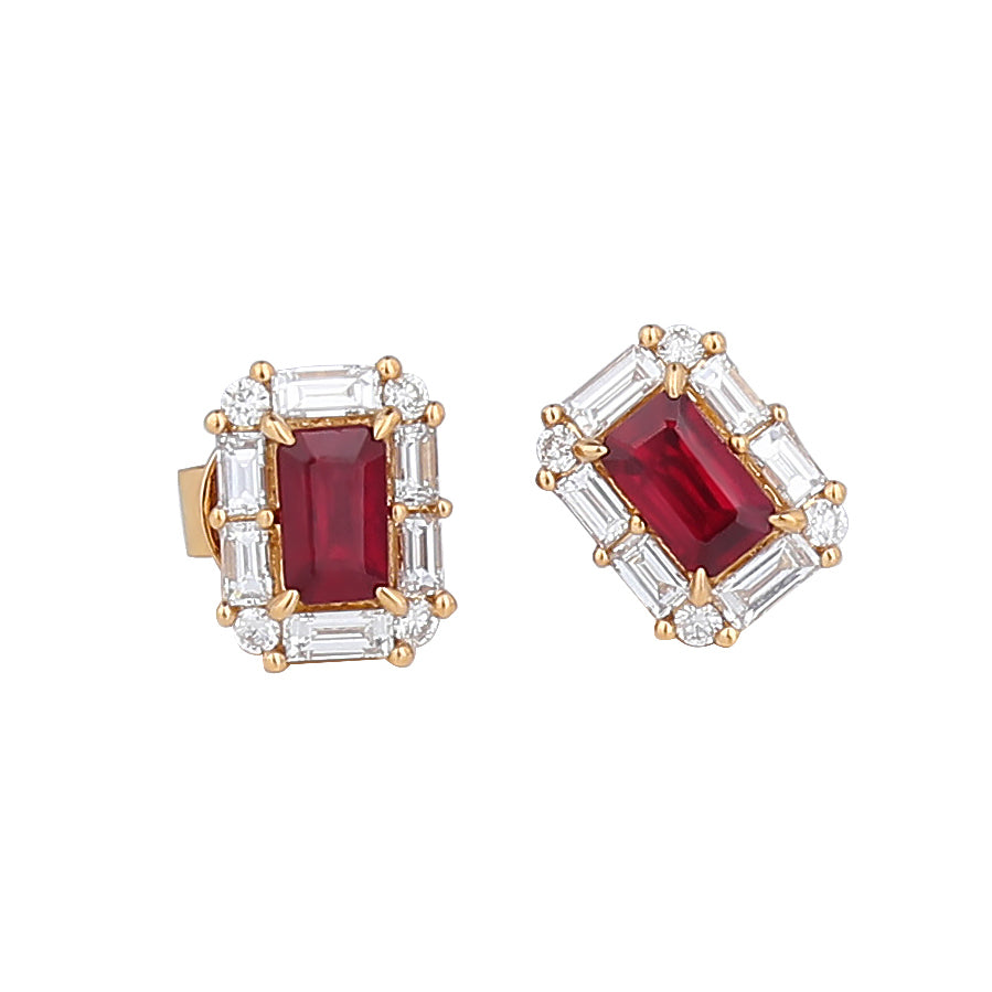 Natural Pigeon Blood Ruby Diamond Earrings in 18K Yellow Gold