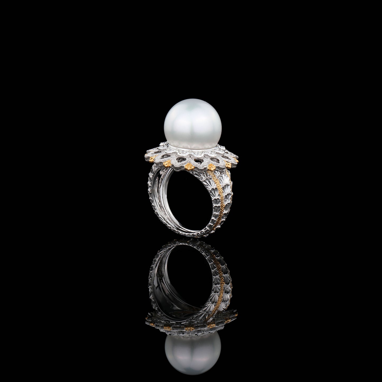 White South Sea Cultured Pearl Diamond Ring in 18K White and Yellow Gold