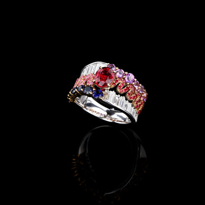 Natural Pigeon Blood Ruby & Colorful Gems Diamond Ring in 18K Yellow and White Gold