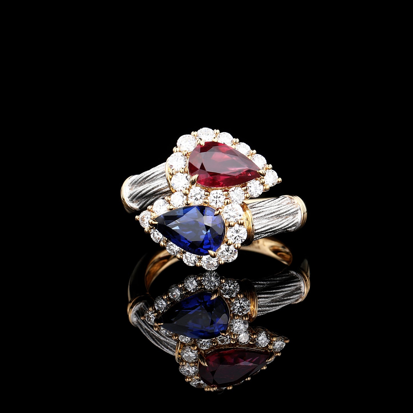 Natural Royal Blue Sapphire and Pigeon Blood Ruby "Toi Et Moi" Ring in 18K Yellow and White Gold