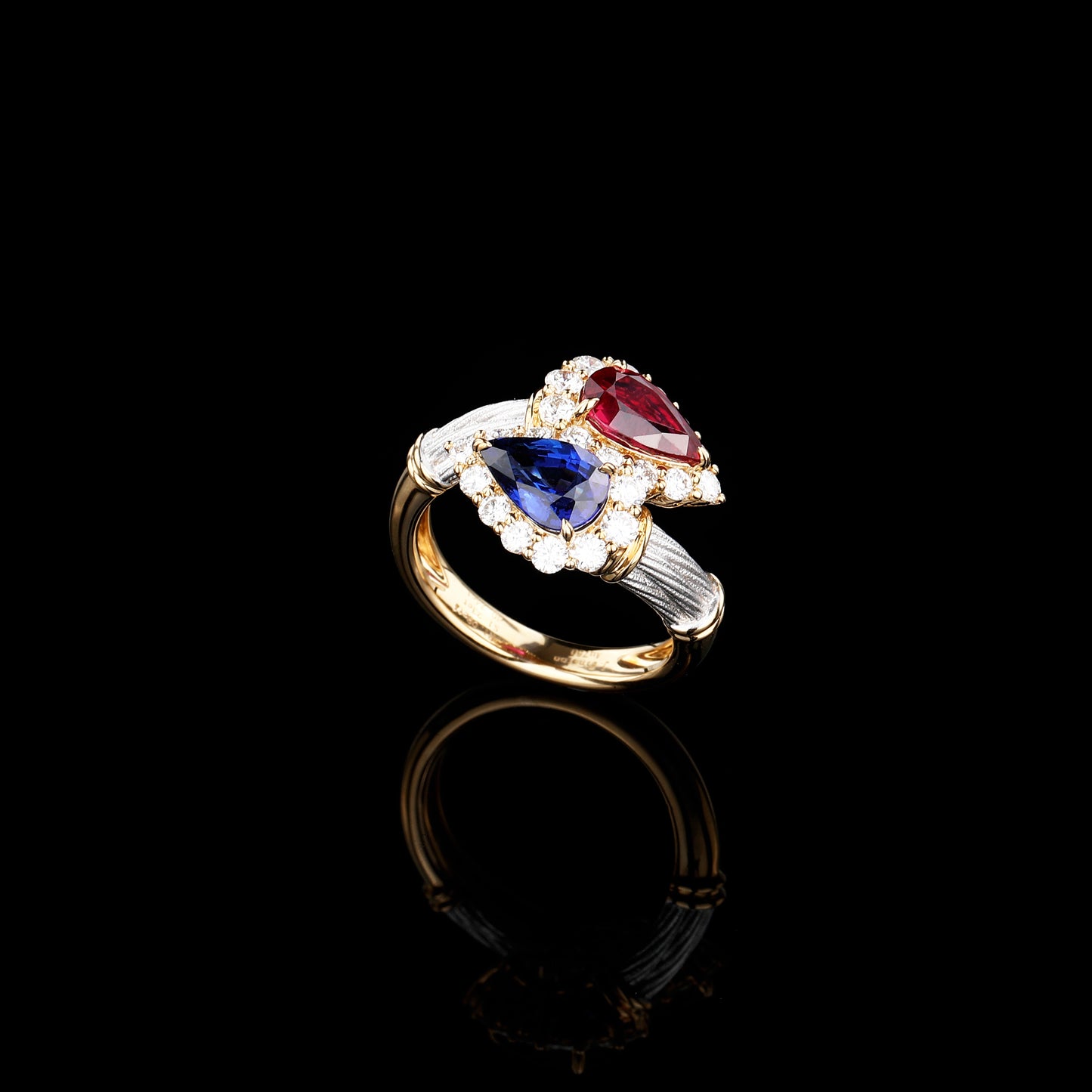 Natural Royal Blue Sapphire and Pigeon Blood Ruby "Toi Et Moi" Ring in 18K Yellow and White Gold