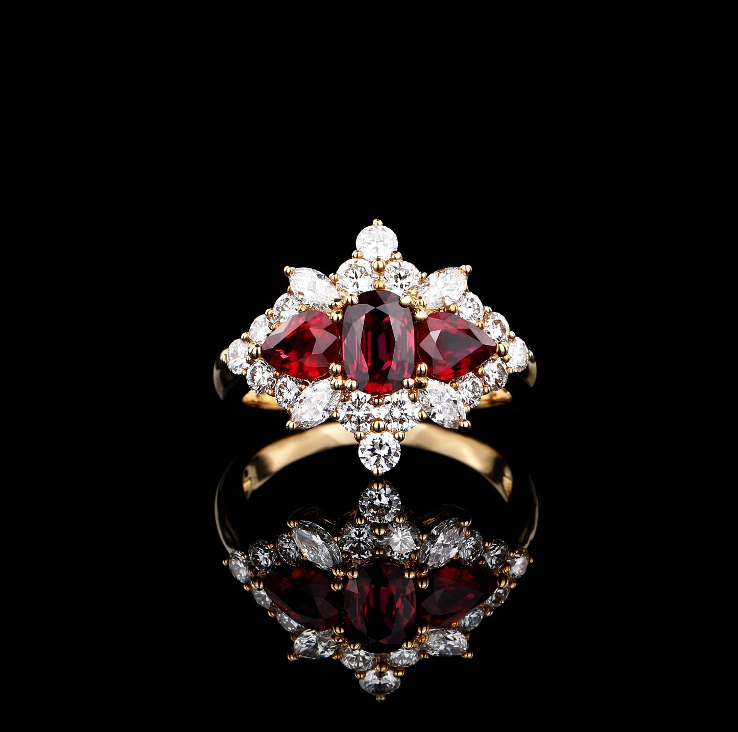 Natural Triple-stone Pigeon Blood Ruby Diamond Ring in 18K Yellow Gold