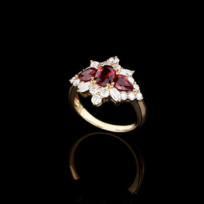 Natural Triple-stone Pigeon Blood Ruby Diamond Ring in 18K Yellow Gold