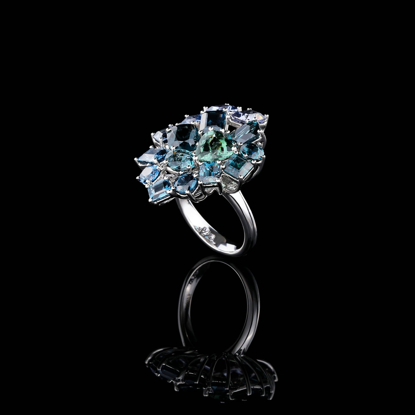 Natural Spinel and Heart Shape Green Tourmaline Cocktail Ring in 18K White Gold