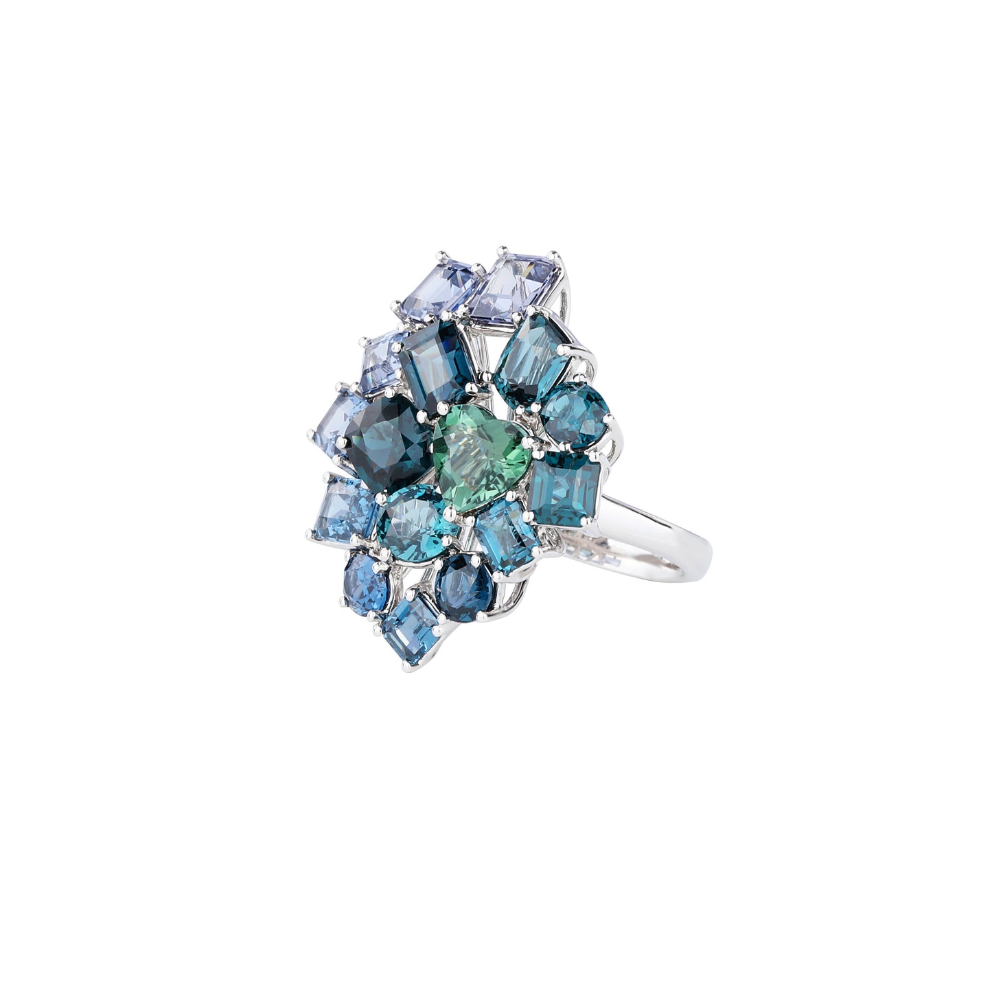 Natural Spinel and Heart Shape Green Tourmaline Cocktail Ring in 18K White Gold