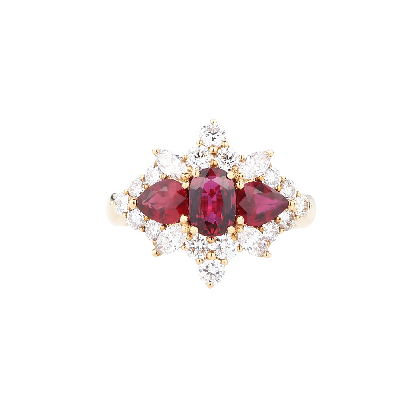 Natural Triple-stone Pigeon Blood Ruby Diamond Ring in 18K Yellow Gold