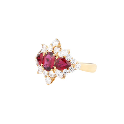 Natural Triple-stone Pigeon Blood Ruby Diamond Ring in 18K Yellow Gold