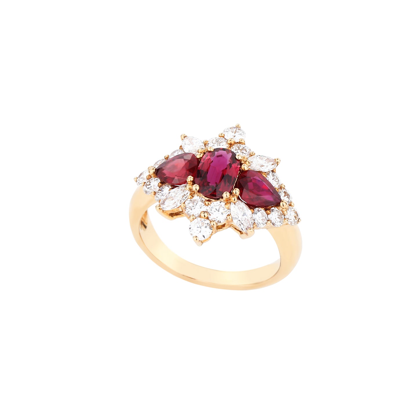 Natural Triple-stone Pigeon Blood Ruby Diamond Ring in 18K Yellow Gold