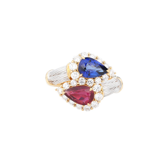 Natural Royal Blue Sapphire and Pigeon Blood Ruby "Toi Et Moi" Ring in 18K Yellow and White Gold