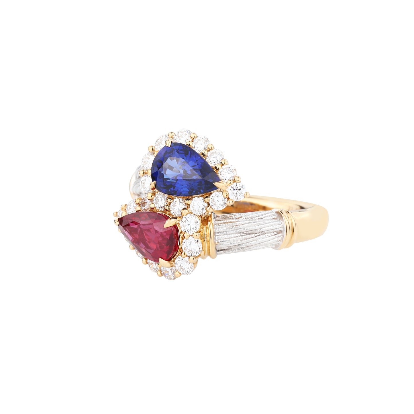 Natural Royal Blue Sapphire and Pigeon Blood Ruby "Toi Et Moi" Ring in 18K Yellow and White Gold