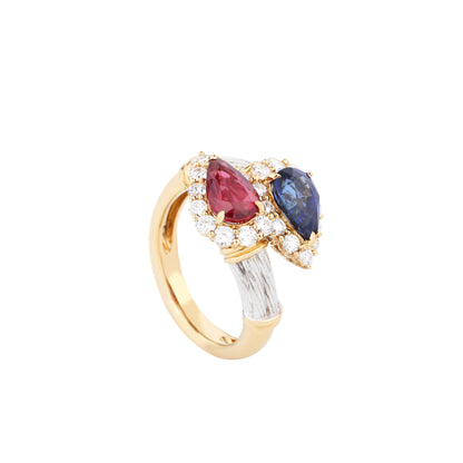 Natural Royal Blue Sapphire and Pigeon Blood Ruby "Toi Et Moi" Ring in 18K Yellow and White Gold