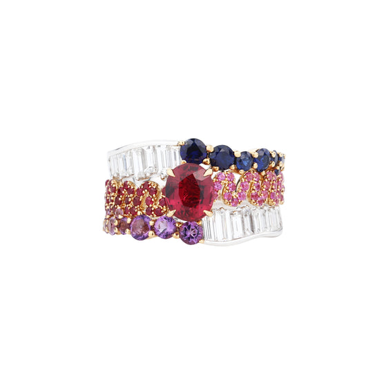 Natural Pigeon Blood Ruby & Colorful Gems Diamond Ring in 18K Yellow and White Gold