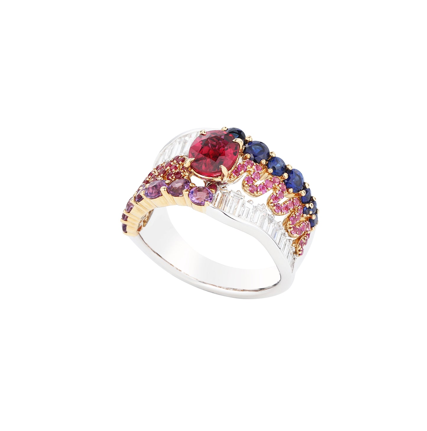 Natural Pigeon Blood Ruby & Colorful Gems Diamond Ring in 18K Yellow and White Gold