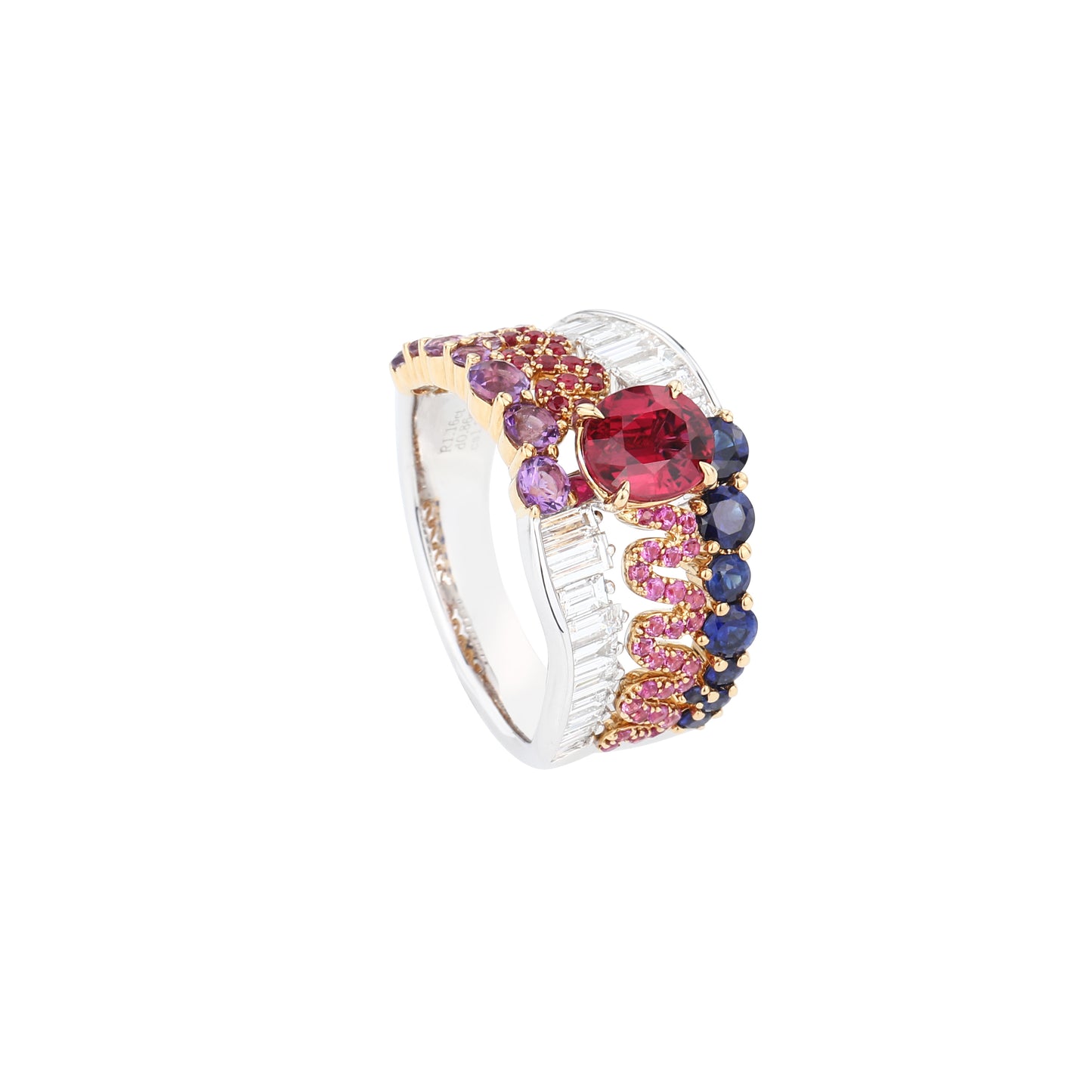 Natural Pigeon Blood Ruby & Colorful Gems Diamond Ring in 18K Yellow and White Gold