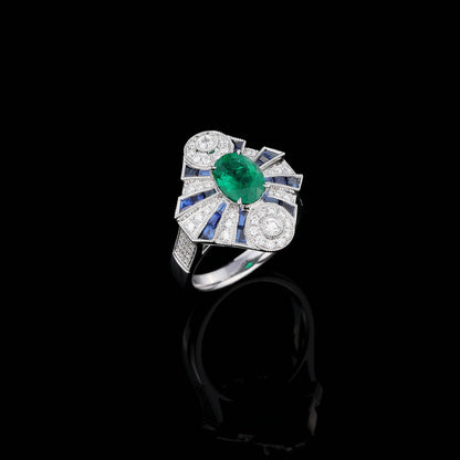 Natural Emerald & Blue Sapphire Diamond Ring in 18K White Gold