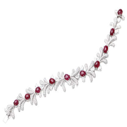 Natural Cabochon Heated Ruby Diamond Bracelet in 18K White Gold