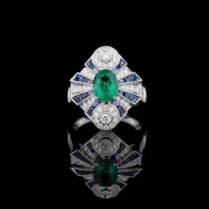 Natural Emerald & Blue Sapphire Diamond Ring in 18K White Gold