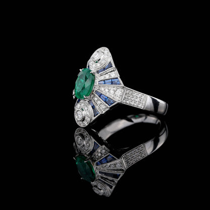 Natural Emerald & Blue Sapphire Diamond Ring in 18K White Gold