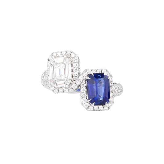 Natural Heated Royal Blue Sapphire “Toi Et Moi” Diamond Ring in 18K White Gold