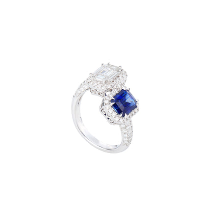 Natural Heated Royal Blue Sapphire “Toi Et Moi” Diamond Ring in 18K White Gold