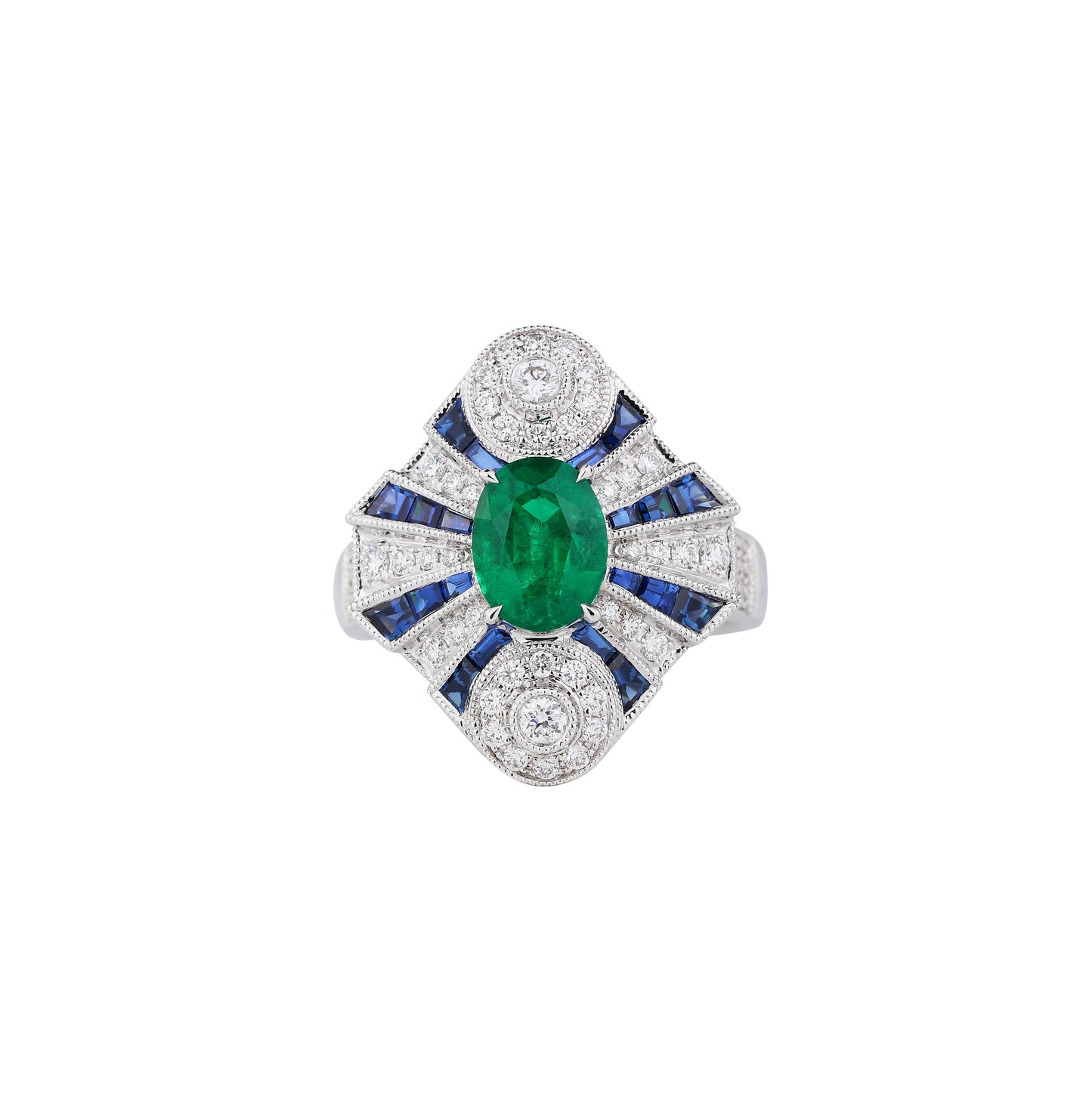 Natural Emerald & Blue Sapphire Diamond Ring in 18K White Gold