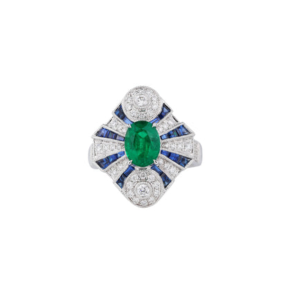 Natural Emerald & Blue Sapphire Diamond Ring in 18K White Gold