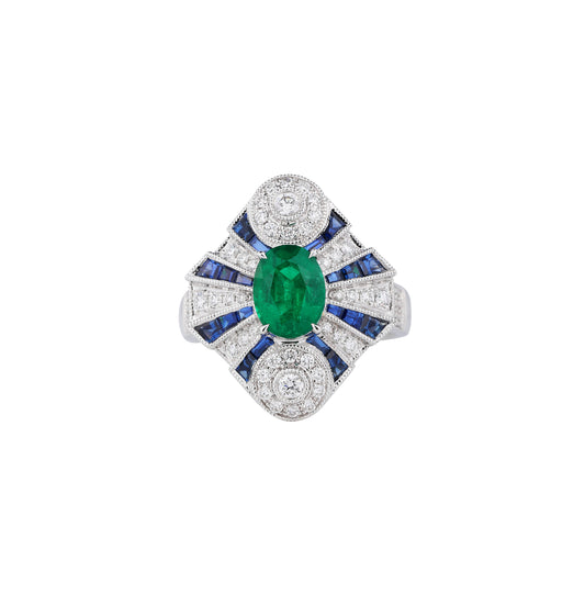 Natural Emerald & Blue Sapphire Diamond Ring in 18K White Gold