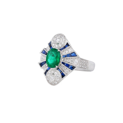 Natural Emerald & Blue Sapphire Diamond Ring in 18K White Gold