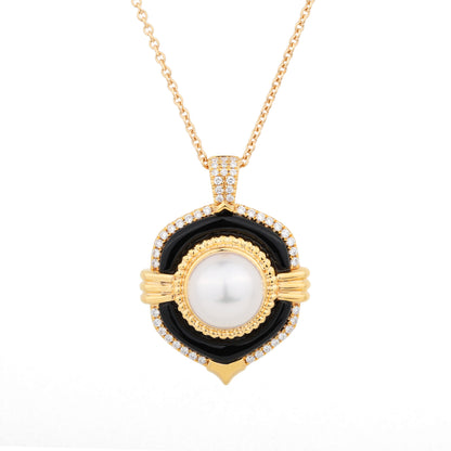 7.5-8mm Akoya Cultured Pearl Black Agate Diamond Necklace in 18K Yellow Gold