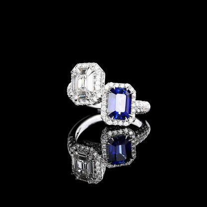 Natural Heated Royal Blue Sapphire “Toi Et Moi” Diamond Ring in 18K White Gold